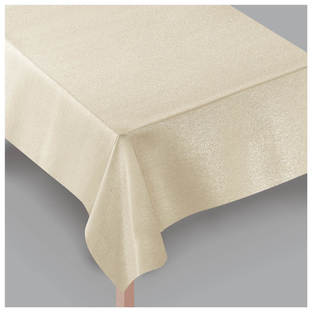 Amscan Metallic Fabric Table Cover, 60in x 84in, Vanilla Creme