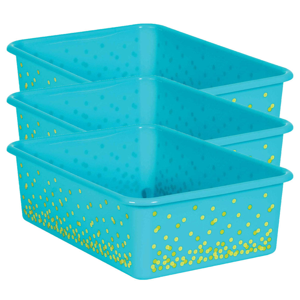 Teacher Created Resources Large Plastic Storage Bins, 11-1/2in x 5in x 16-1/4in, Teal Confetti, Pack Of 3 Bins