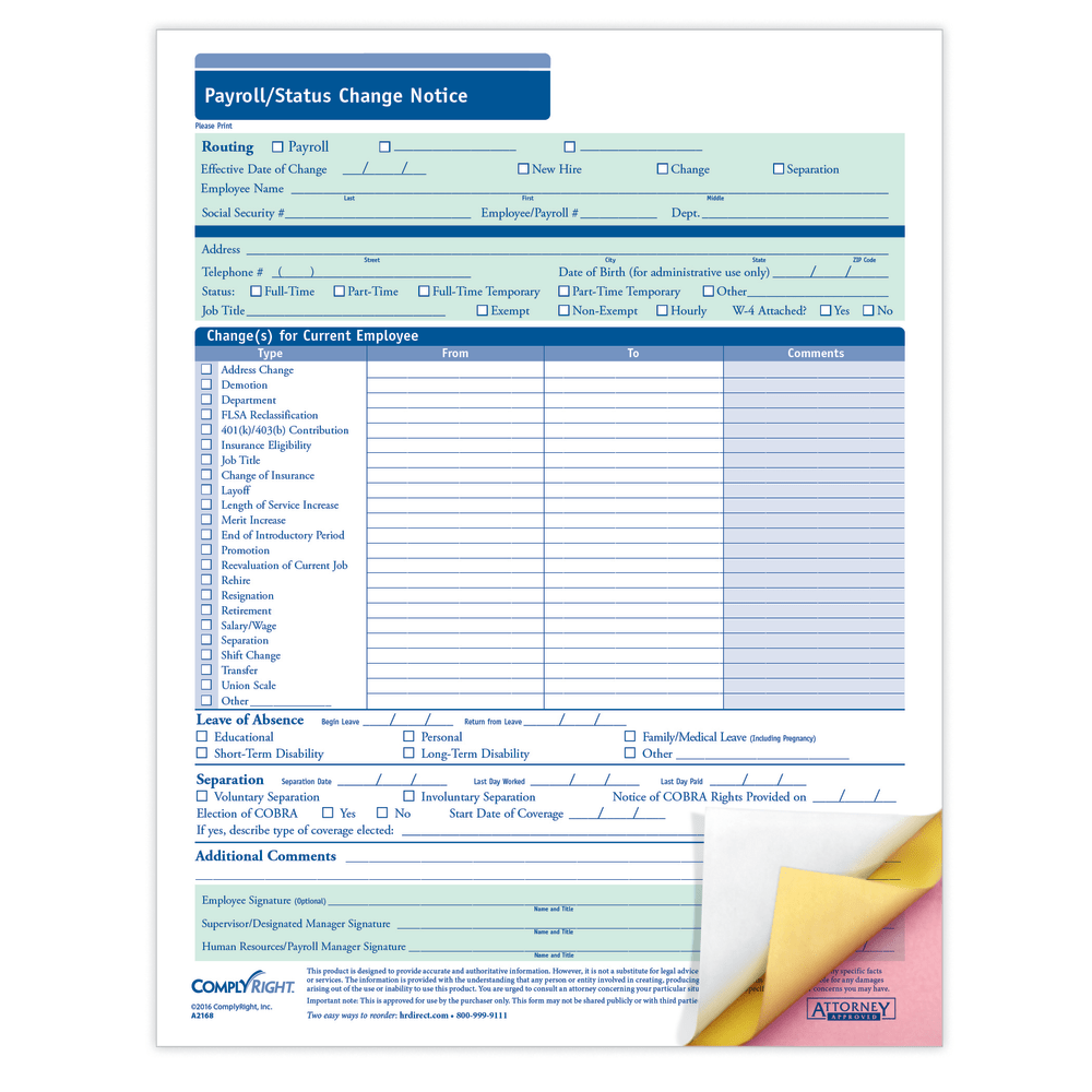 ComplyRight Payroll/Status Change Notices, 3-Part, 8 1/2in x 11in, Pack Of 50