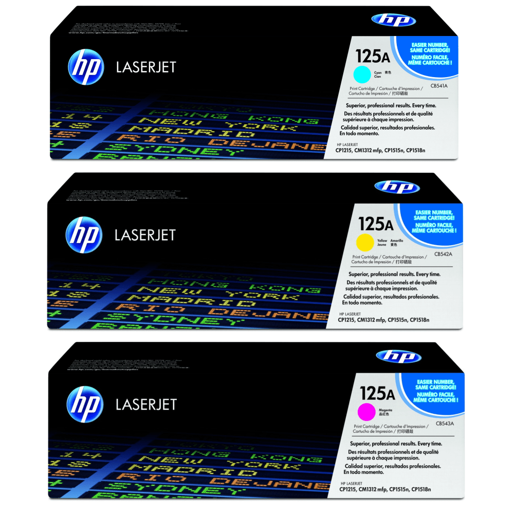 HP 125A Cyan, Magenta, Yellow Toner Cartridges Combo, Set Of 3, CB541A,CB542A,CB543A