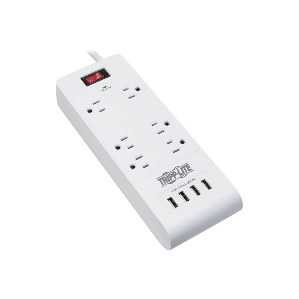 Tripp Lite 6-Outlet Surge Protector with 4 USB Ports (4.2A Shared) - 15 ft. Cord, 5-15P Plug, 900 Joules, White - Surge protector - 15 A - AC 120 V - 1800 Watt - output connectors: 6 - 15 ft cord - white