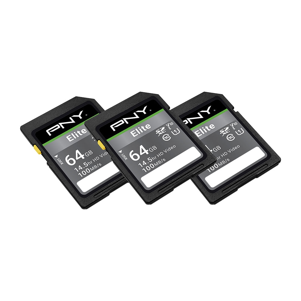 PNY Elite Class 10 U1 V10 100 Mbps SDXC Flash Memory Cards, 64GB, Pack Of 3 Memory Cards