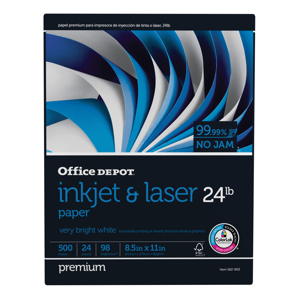 Office Depot Inkjet Or Laser Paper, White, Letter Size (8 1/2in x 11in), Ream Of 500 Sheets, 24 Lb, 98 Brightness