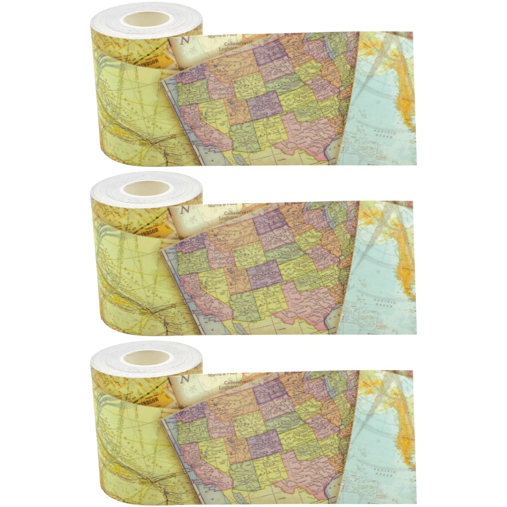 Teacher Created Resources Straight Rolled Border Trim, Travel The Map, 50' Per Roll, Pack Of 3 Rolls