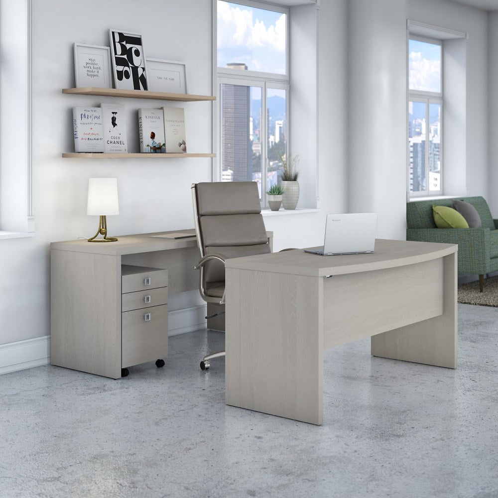 Bush Business Furniture Echo 60inW Bow-Front Computer Desk And Credenza With Mobile File Cabinet, Gray Sand, Standard Delivery