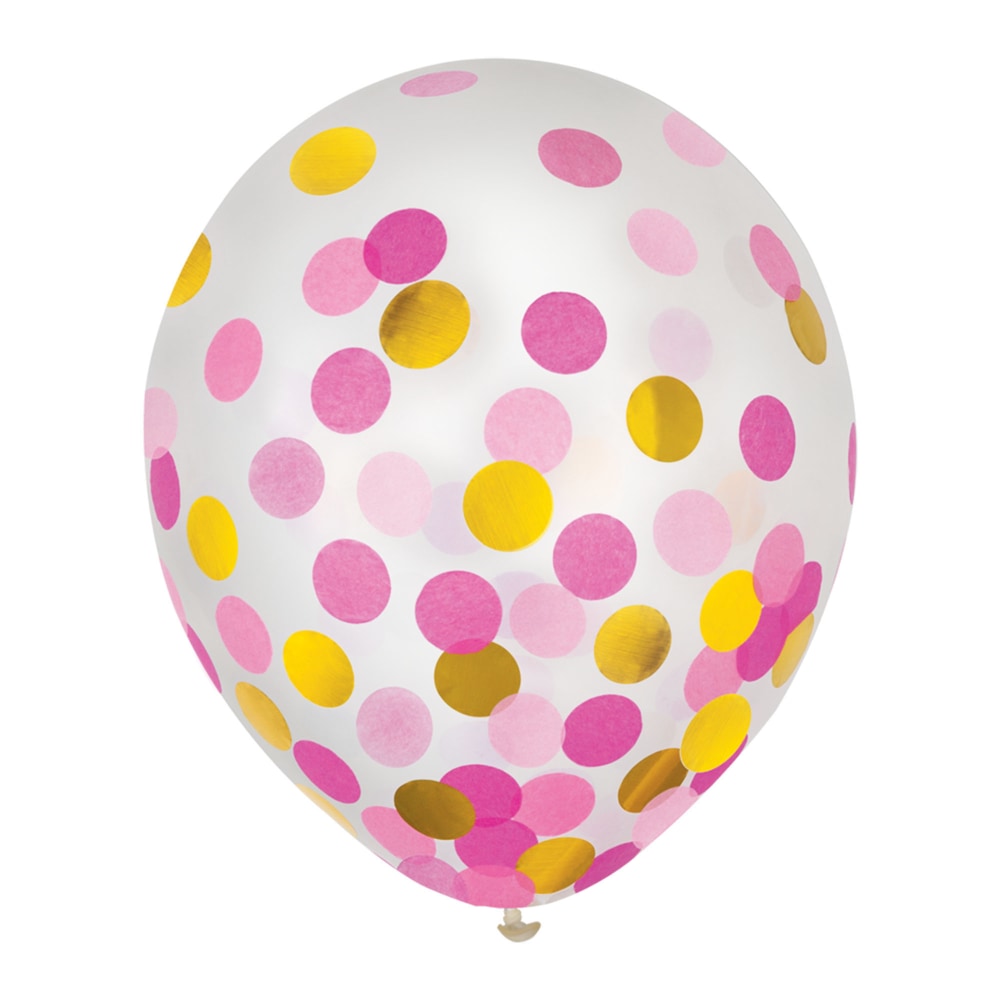 Amscan 12in Confetti Balloons, Gold/Pink, 6 Balloons Per Pack, Set Of 4 Packs