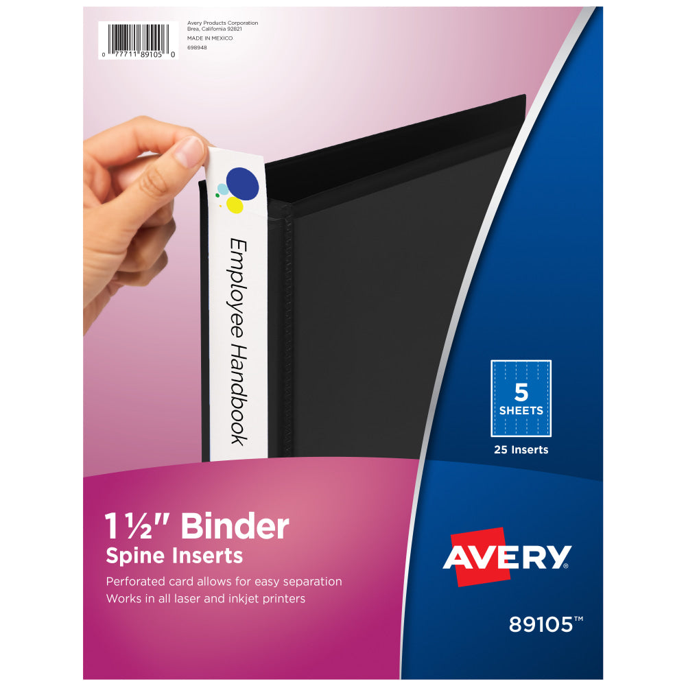 Avery Binder Spine Inserts, 89105, For 1/2in Ring Binders With 2.1in Spine Width, White, Pack Of 25