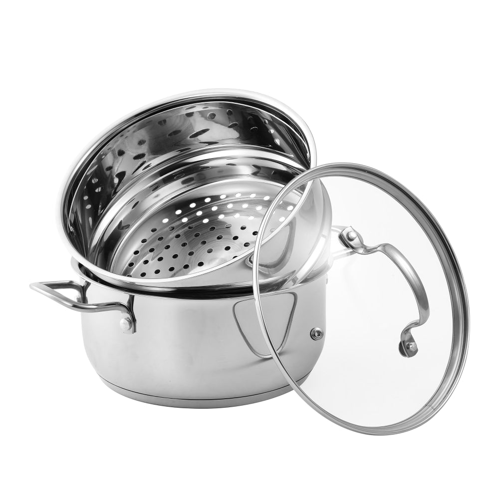 Bergner Essentials Stainless-Steel Soup Pot With Tempered-Glass Lid And Steamer Insert, 2.6 Qt, Stainless Steel