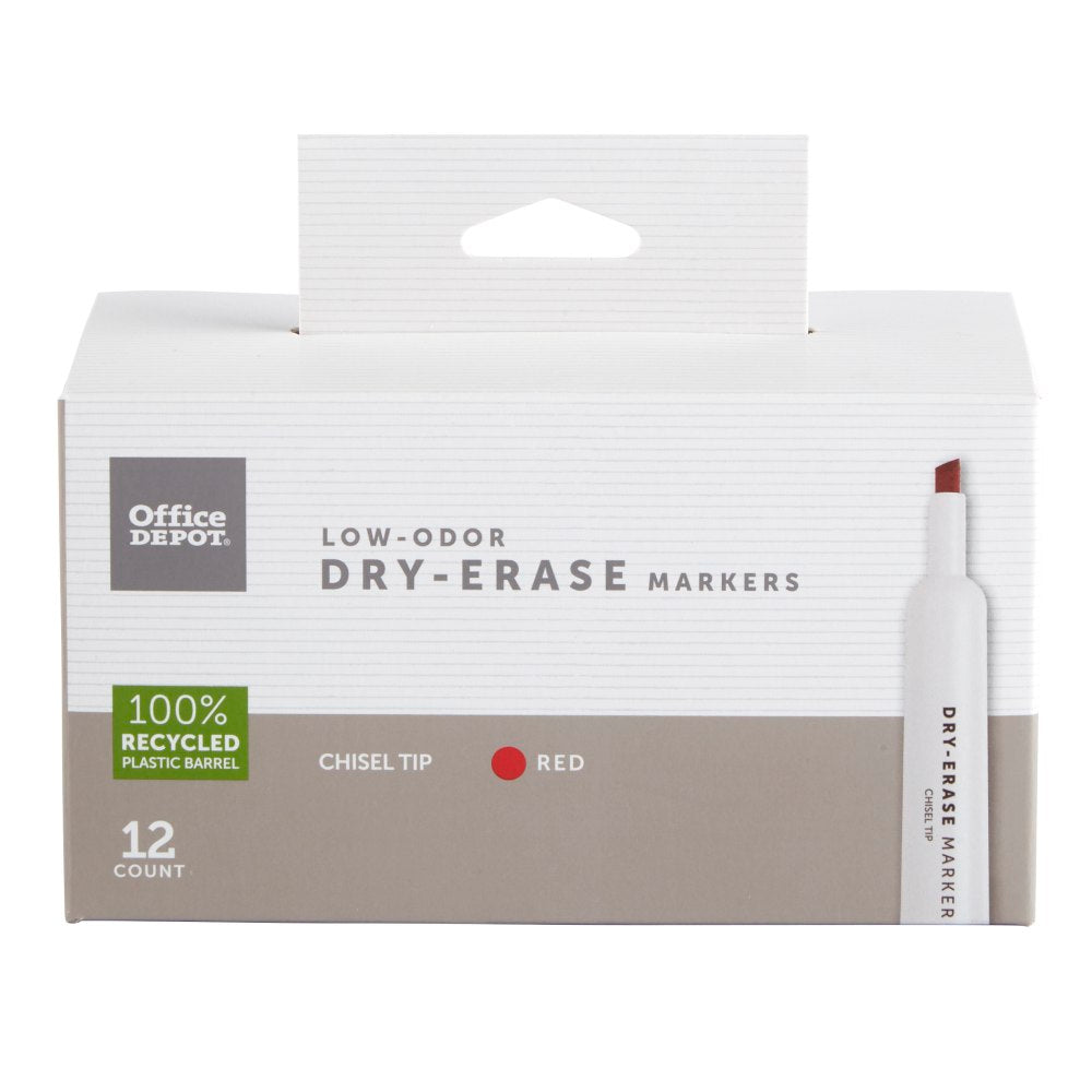 Office Depot Brand Low-Odor Dry-Erase Markers, Chisel Point, 100% Recycled Plastic Barrel, Red, Pack Of 12