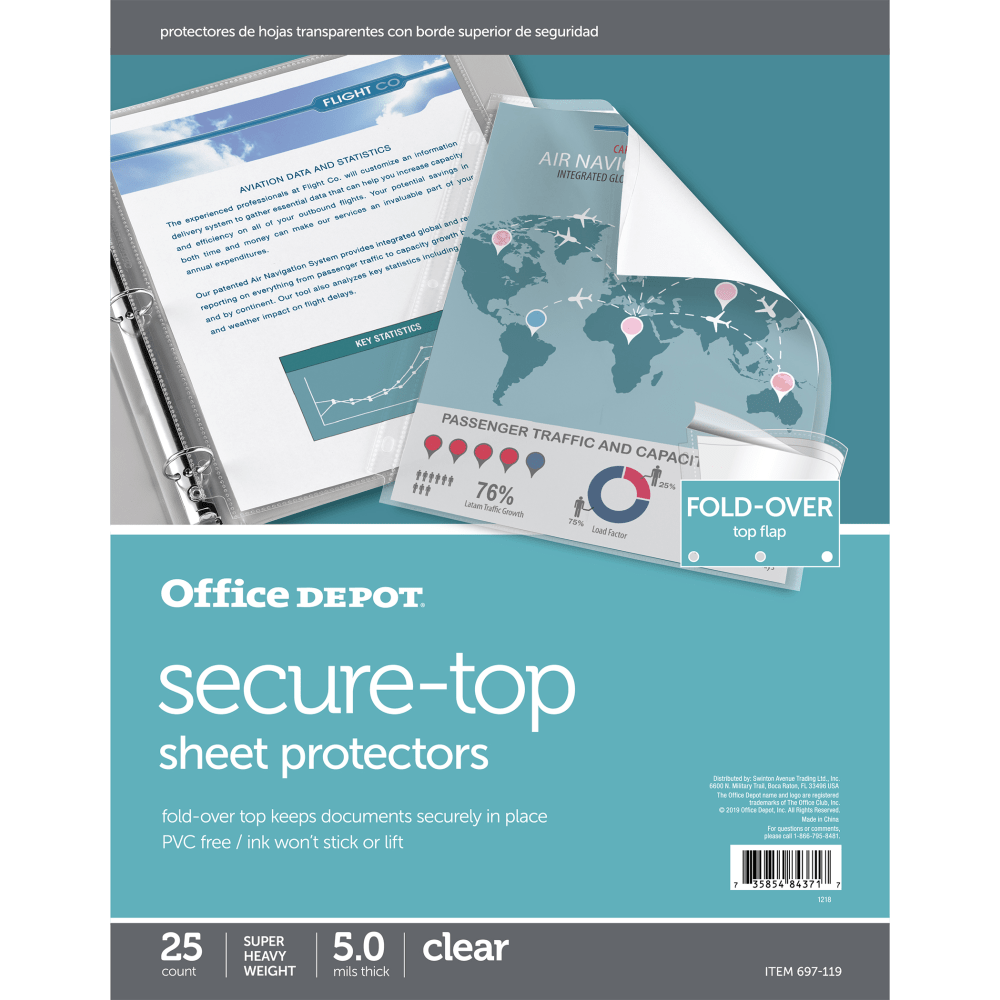 Office Depot Brand Secure-Top Sheet Protectors, 8-1/2in x 11in, Clear, Pack of 25