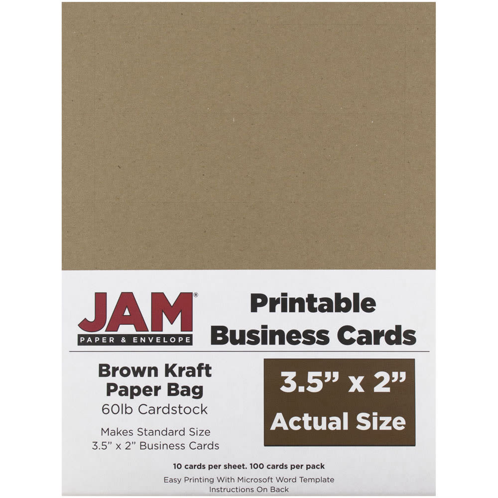 JAM Paper Printable Business Cards, 3 1/2in x 2in, Brown Kraft, 10 Cards Per Sheet, Pack Of 10 Sheets