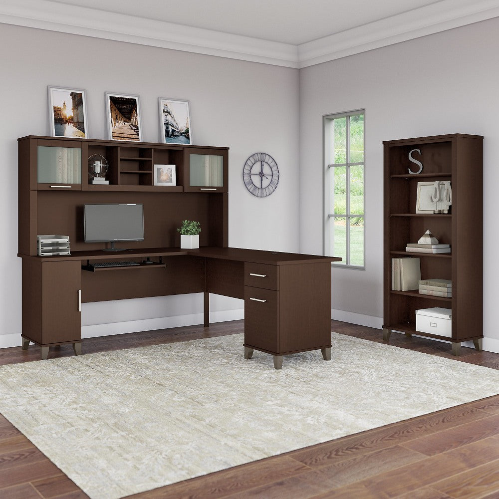 Bush Furniture Somerset L Shaped Desk With Hutch And 5 Shelf Bookcase, 72inW, Mocha Cherry, Standard Delivery