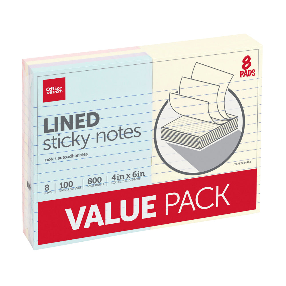 Office Depot Brand Lined Sticky Notes, 4 in x 6 in, Assorted Pastel Colors, 100 Sheets Per Pad, Pack Of 8