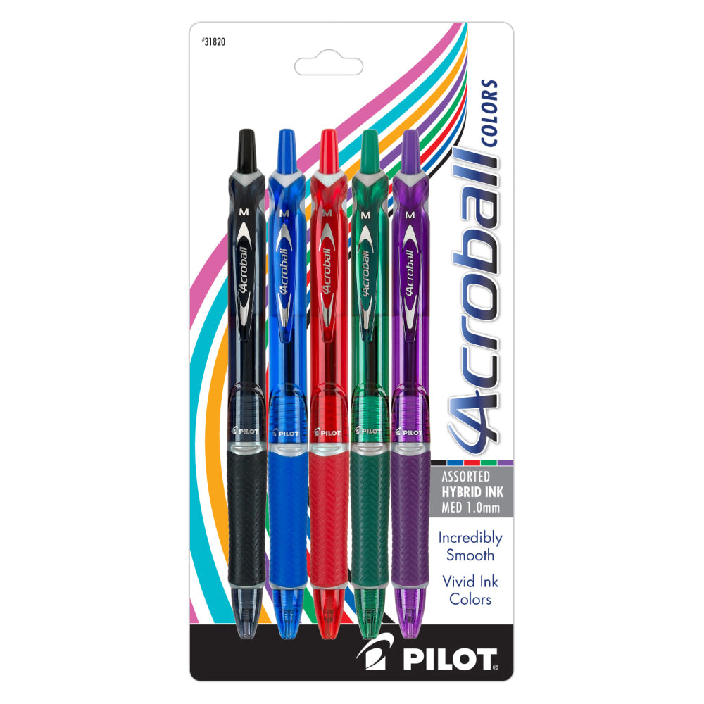 Pilot Acroball Retractable Hybrid Gel Pens, Medium Point, 1.0 mm, Assorted Barrels, Assorted Ink Colors, Pack Of 5 Pens