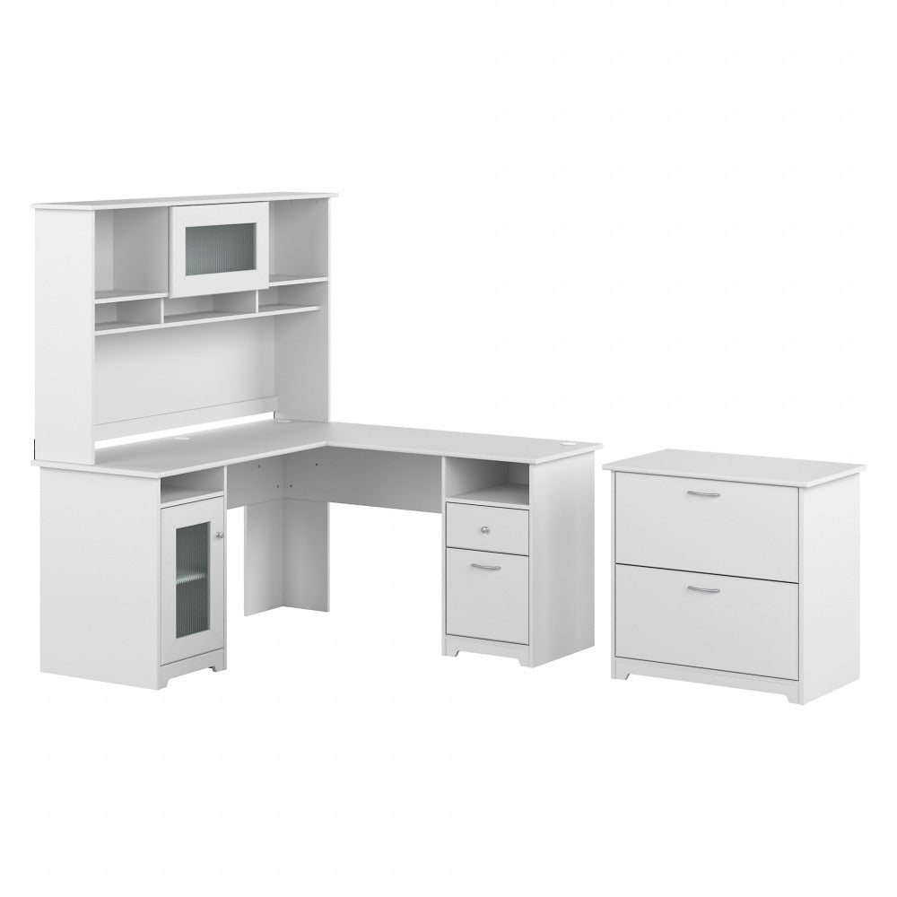 Bush Business Furniture Cabot 60inW L-Shaped Corner Desk With Hutch And Lateral File Cabinet, White, Standard Delivery