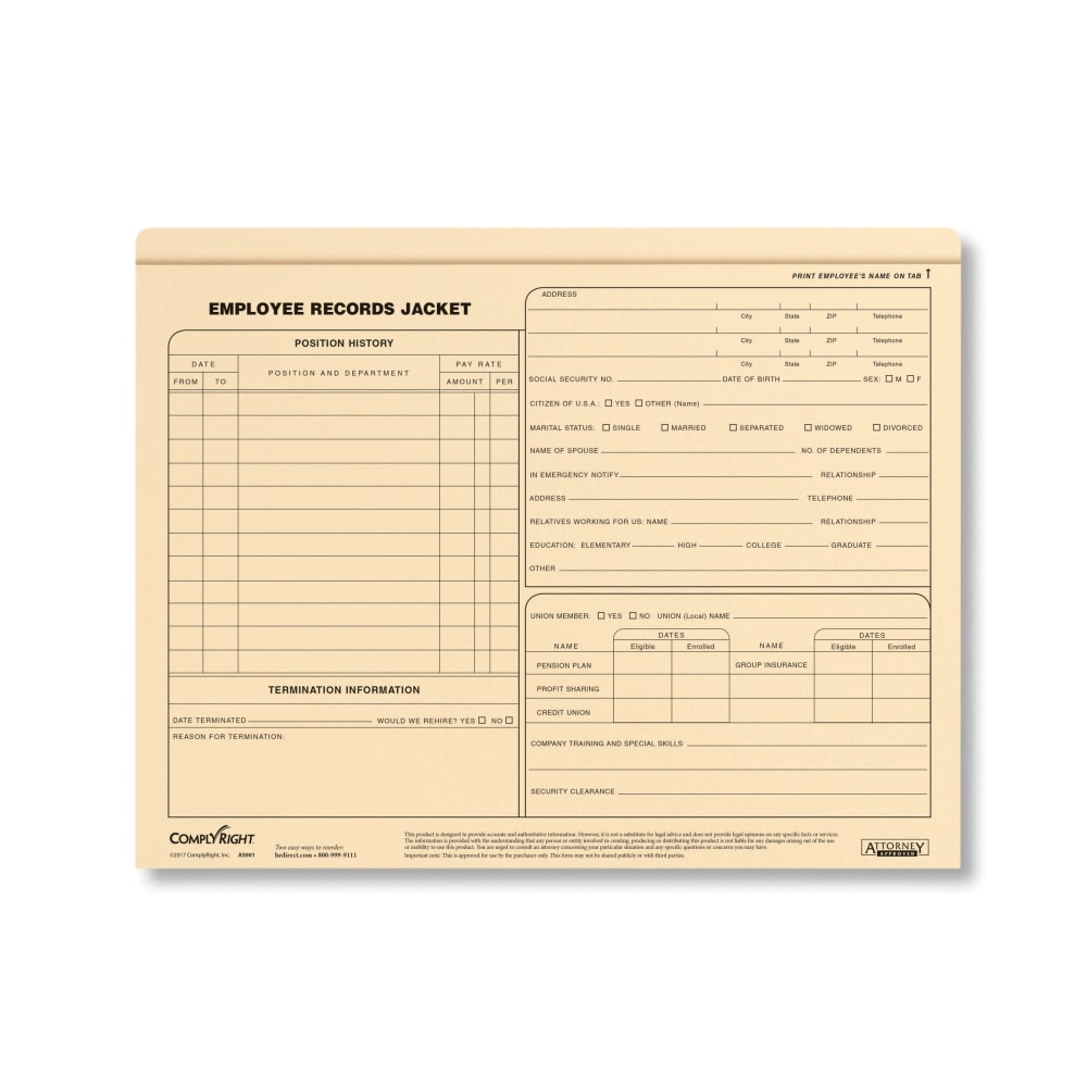 ComplyRight Letter-Size Standard Employee Record Jackets, 11 3/4in x 9 1/2in, Pack Of 25