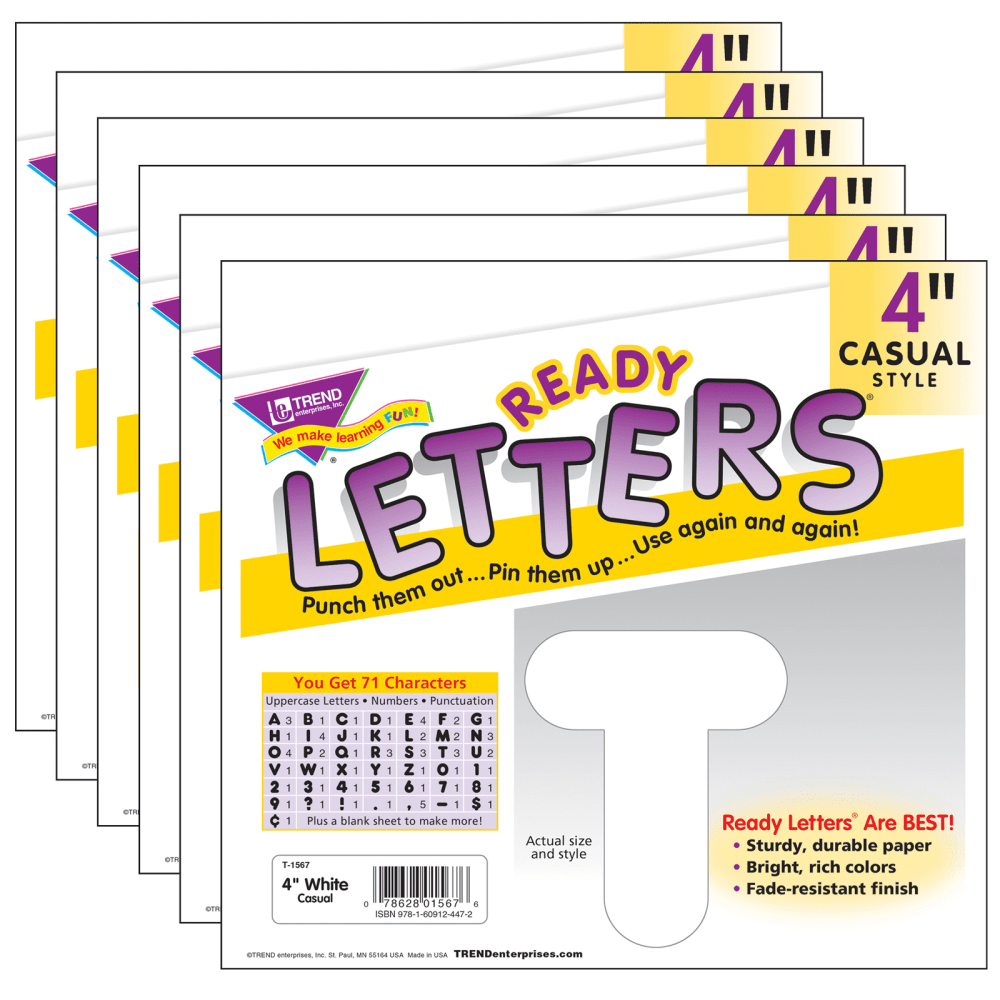 TREND Ready Letters, 4in, Casual Uppercase, White, Set Of 6 Packs