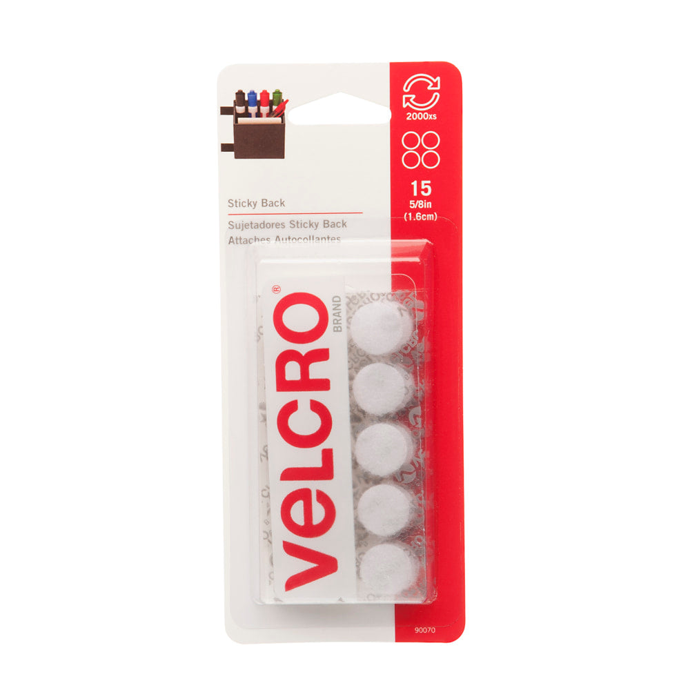 VELCRO Brand STICKY BACK Fasteners, 5/8in, Coin, White, Pack of 15