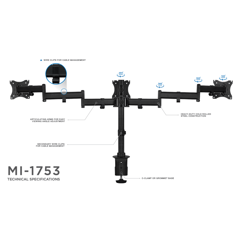 Mount-It! Triple Monitor Desk Mount, Black, MI-1753