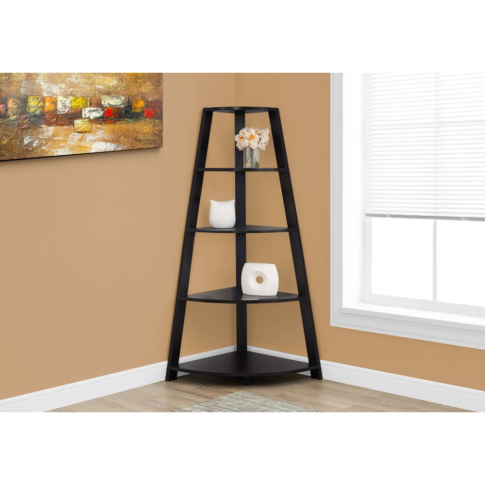 Monarch Specialties 60inH 4-Shelf Etagere Corner Bookcase, Cappuccino