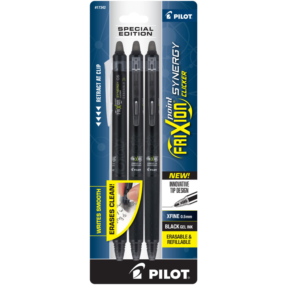 Pilot FriXion Synergy Clicker Erasable Retractable Gel Pens, Extra-Fine Point, 0.5 mm, Black Barrel, Black Ink, Pack of 3 Pens