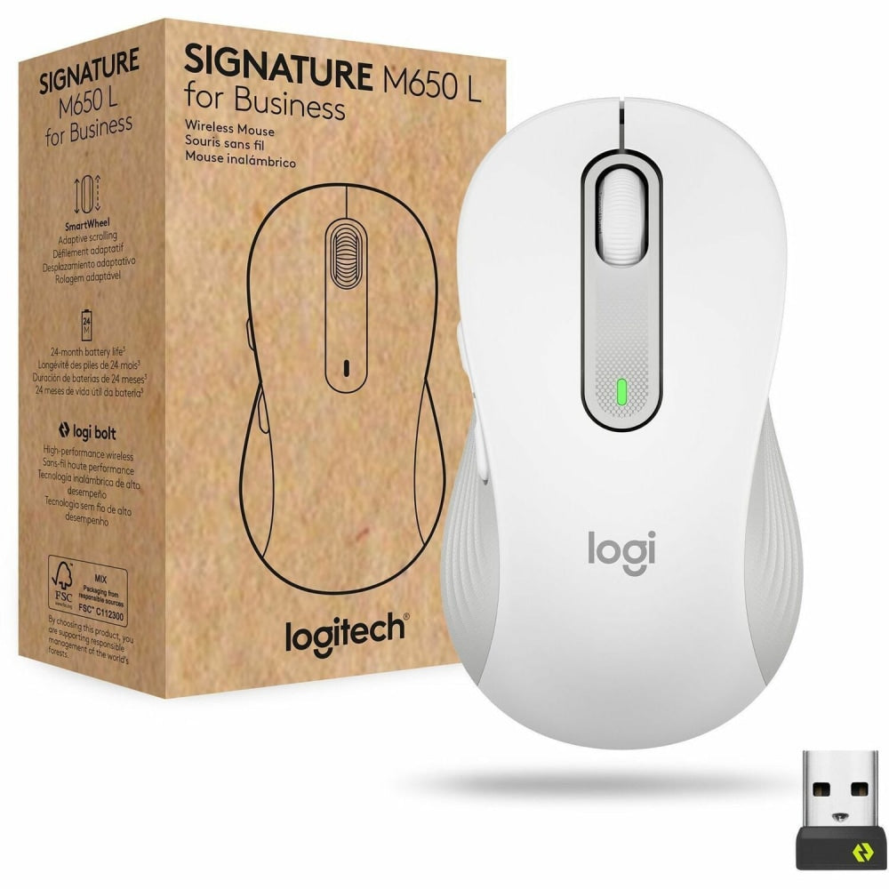 Logitech Signature M650 L for Business (Off-White) - Brown Box - Wireless - Bluetooth/Radio Frequency - Off White - USB - 4000 dpi - Scroll Wheel - Large Hand/Palm Size - Right-handed