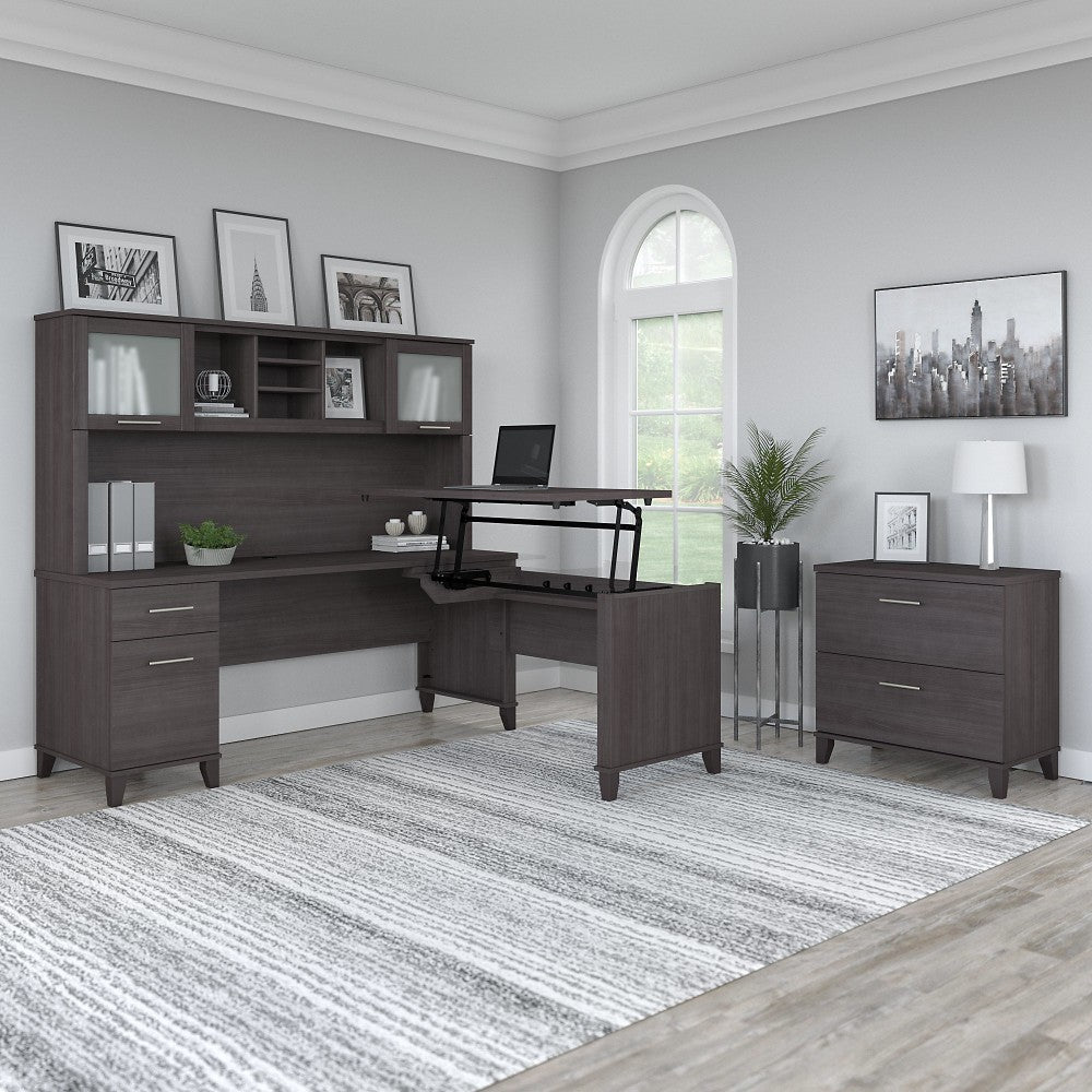 Bush Furniture Somerset 72inW 3-Position Sit-To-Stand L-Shaped Desk With Hutch And File Cabinet, Storm Gray, Standard Delivery