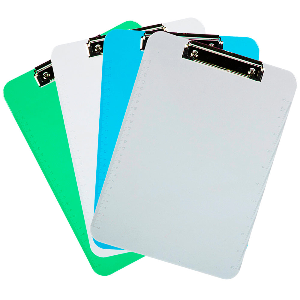 JAM Paper Letter-Size Clipboards With Low-Profile Metal Clips, 12-1/2in x 9in, Silver/Blue/Green, Pack Of 4 Clipboards