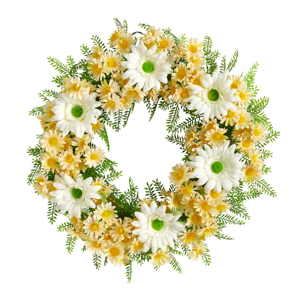 Nearly Natural Mixed Daisy 21inH Artificial Wreath, White