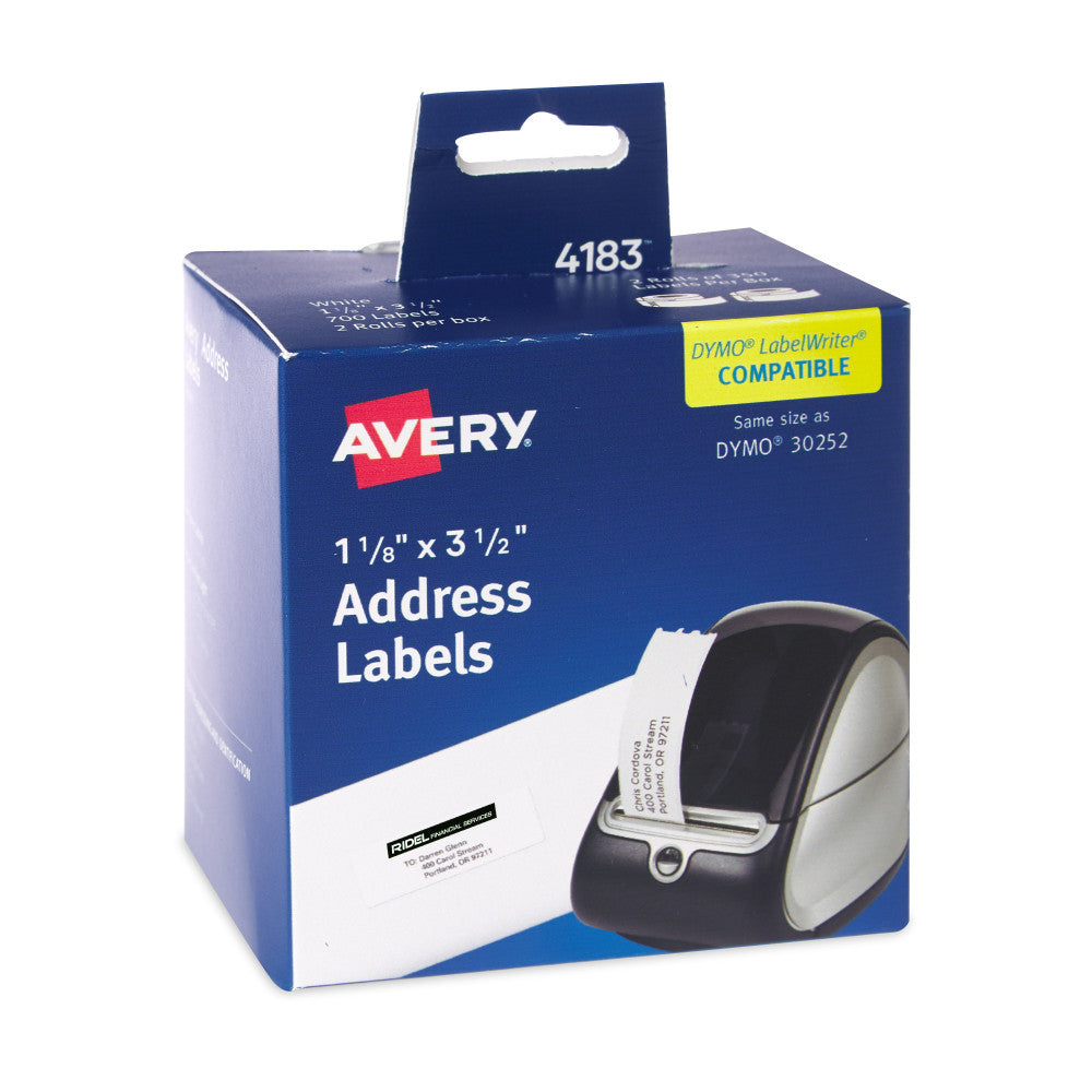 Avery Direct Thermal Roll Labels, 4183, Rectangle, 1-1/8in x 3-1/2in, White, 350 Multipurpose Labels Per Roll, 2 Rolls