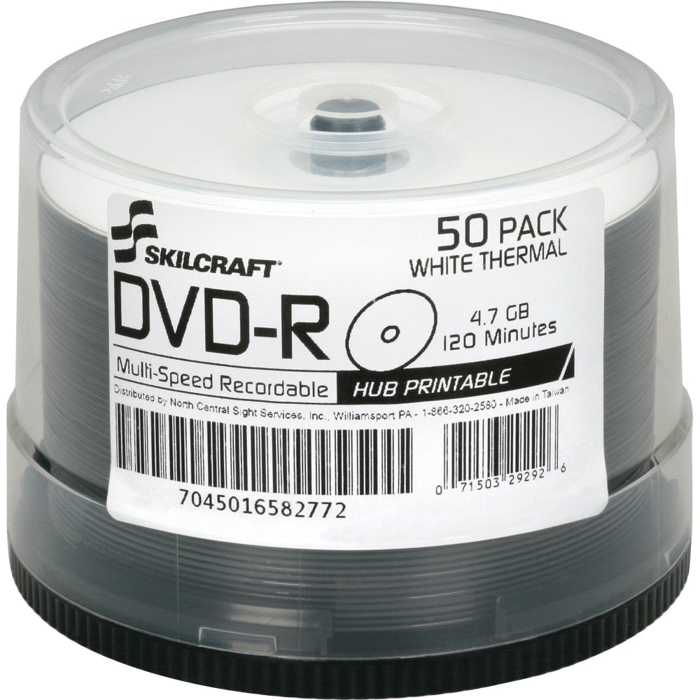 SKILCRAFT Laser Printable DVD-R Recordable Media With Spindle, 4.70 GB, 120 Minutes, Pack Of 50 Pack