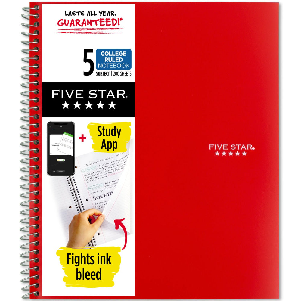 Five Star Wirebound Notebook Plus Study App, 8-1/2in x 11in, 5 Subject, College Ruled, 200 Sheets, Red