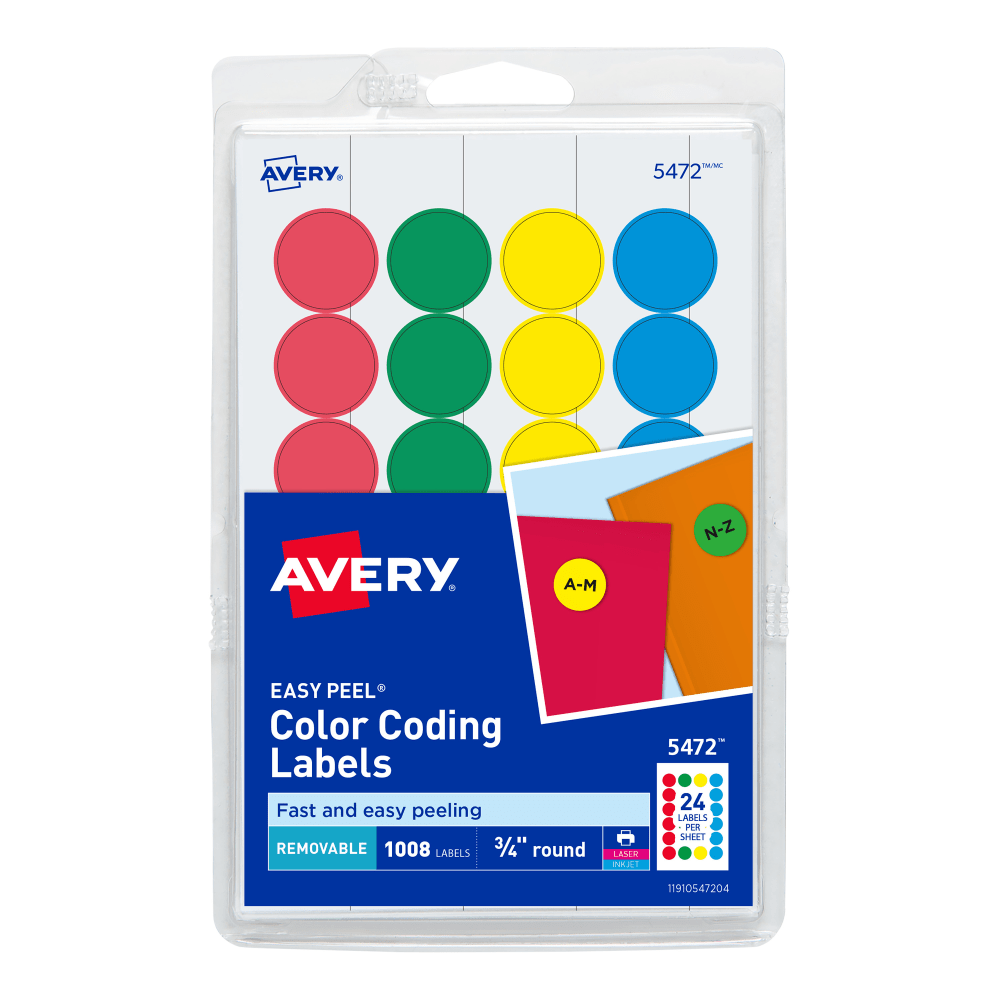 Avery Removable Color-Coding Labels, 5472, Round, 3/4in Diameter, Assorted Colors, Pack Of 1,008