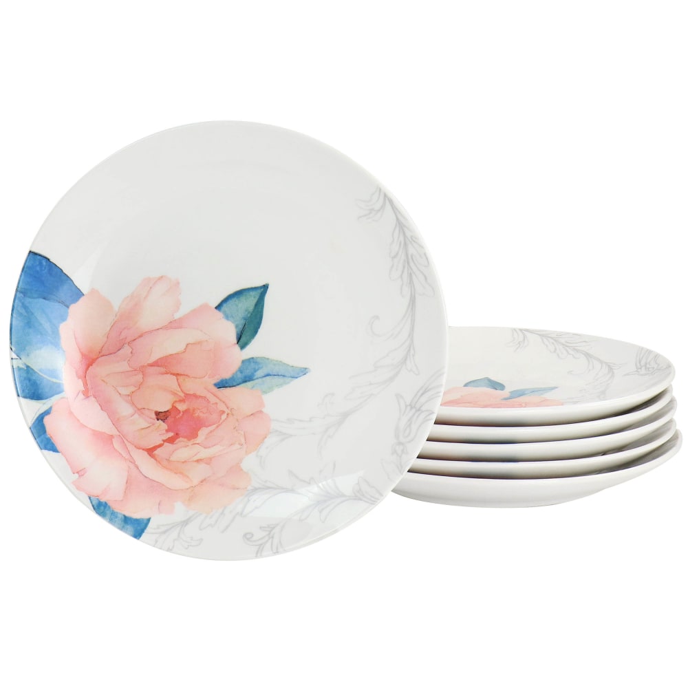 Martha Stewart Fine Ceramic 6-Piece Floral Decorated Dessert Plate Set, 8in, Pink/White