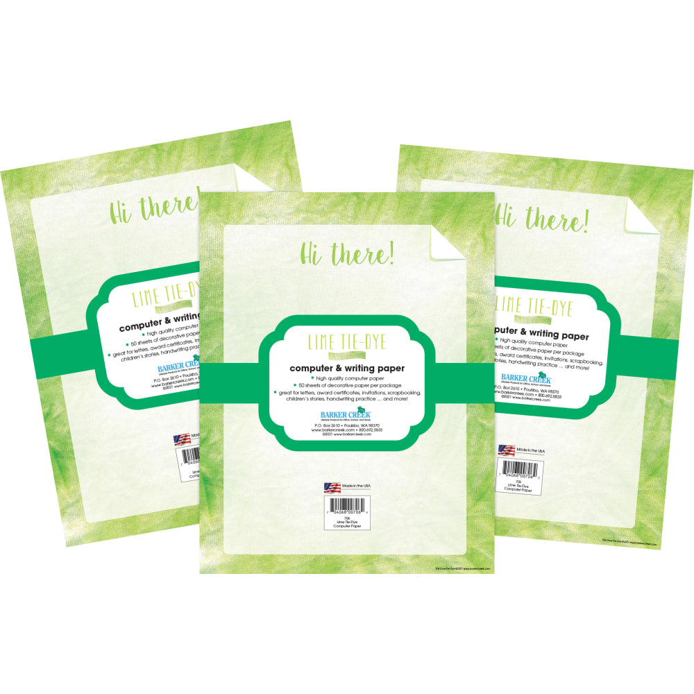 Barker Creek Designer Computer Paper, 8-1/2in x 11in, Lime Tie-Dye, 50 Sheets Per Pack, Case Of 3 Packs