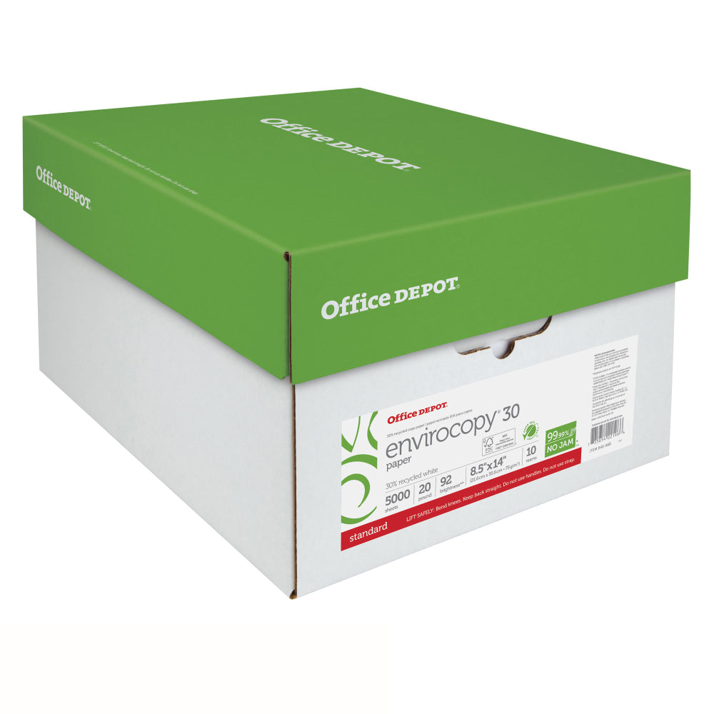 Office Depot EnviroCopy Copy Paper, White, Legal (8.5in x 14in), 5000 Sheets Per Case, 20 Lb, 30% Recycled, FSC Certified, Case Of 10 Reams