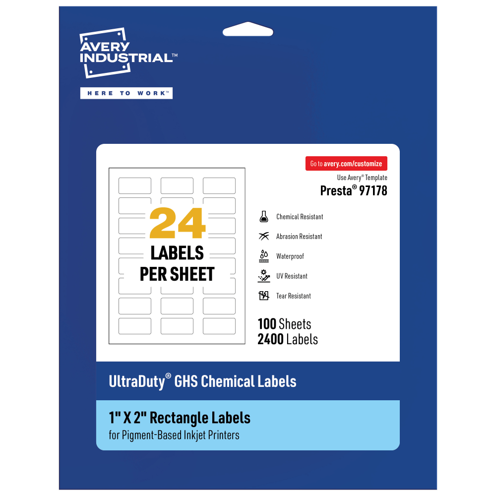 Avery Ultra Duty Permanent GHS Chemical Labels, 97178-WMUI100, Rectangle, 1in x 2in, White, Pack Of 2,400