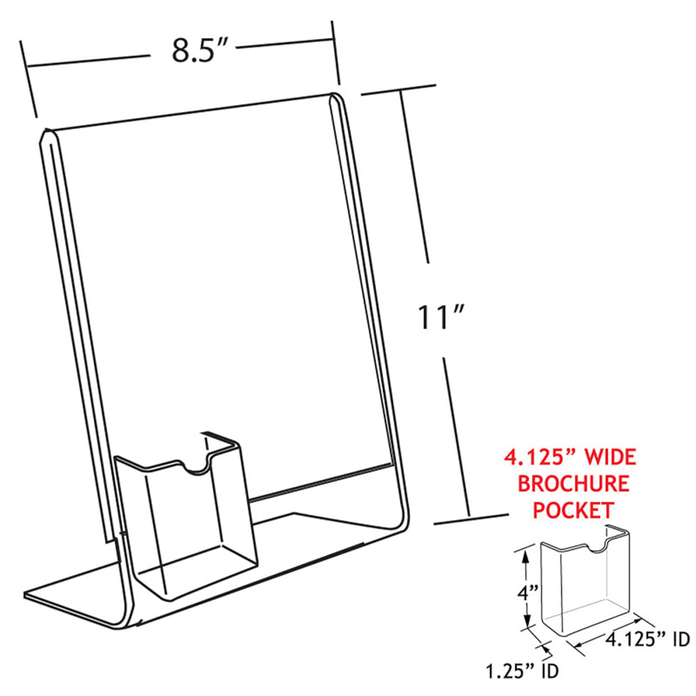 Azar Displays L-Shaped Acrylic Sign Holders With Attached Tri-Fold Pockets, 11in x 8 1/2in, Clear, Pack Of 10