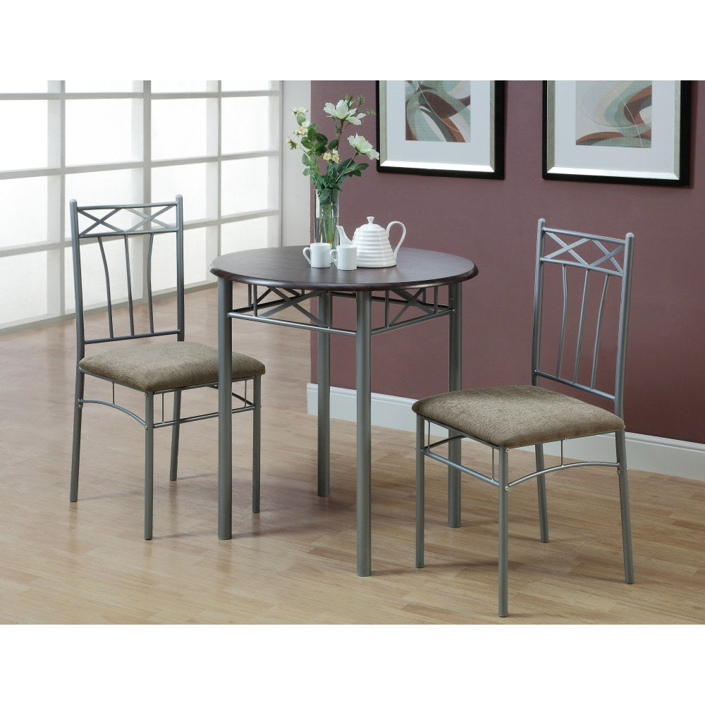 Monarch Specialties 30in Round Table With 2 Vertical-Slat Bistro Chairs, Cappuccino/Silver