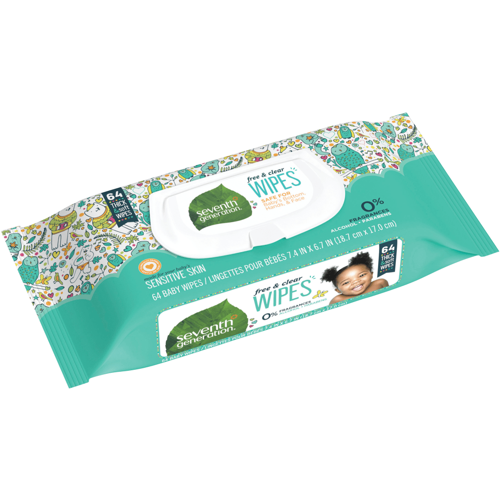 Seventh Generation Free & Clear Baby Wipes, Unscented, White, 64 Wipes Per Pack, Carton Of 12 Packs