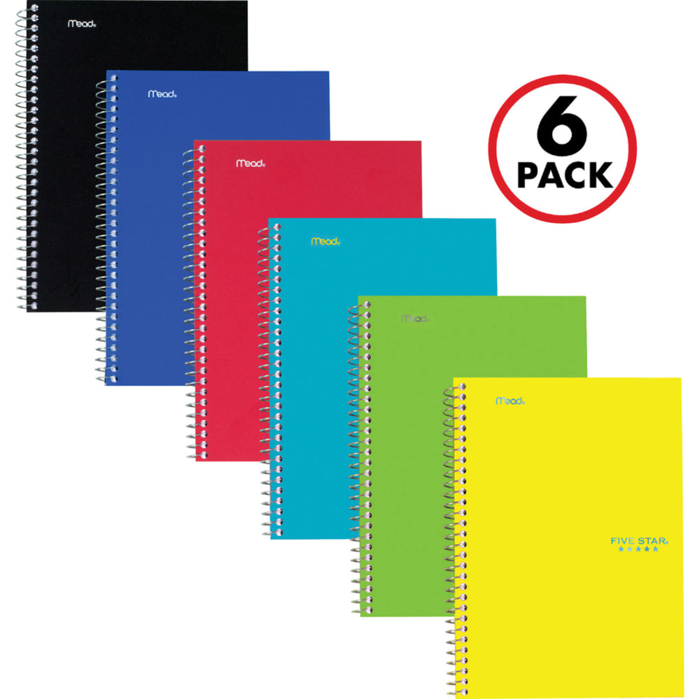 Mead Five Star Wire-Bound Notebooks, 9-1/2in x 6in, 2 Subject, College Ruled, 80 Sheets, Assorted Colors, Pack Of 6 Notebooks