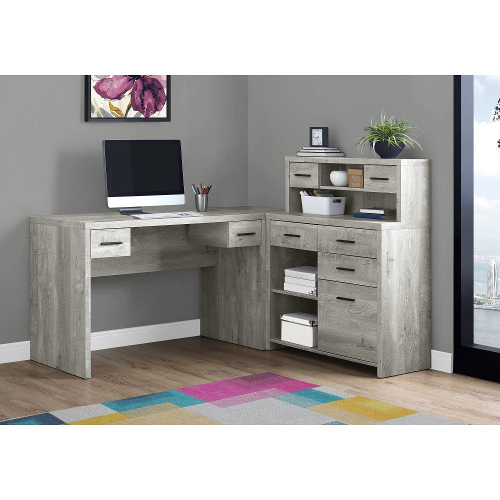 Monarch Specialties 63inW L-Shaped Corner Desk With Hutch, Gray Woodgrain