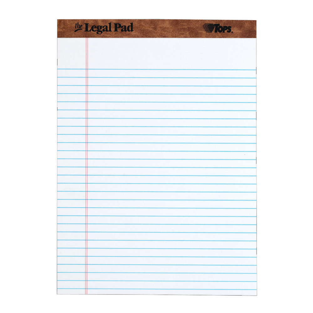 TOPS The Legal Pad Perforated Writing Pads, 8 1/2in x 11 3/4in, Legal Ruled, 50 Sheets, White/Blue, Pack Of 12