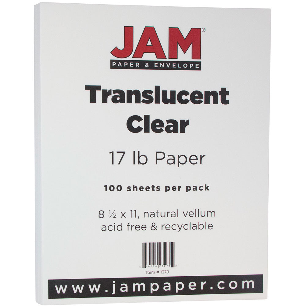 JAM Paper Letter Card Stock, Clear Translucent Vellum, Letter (8.5in x 11in), 17 Lb, Pack Of 100