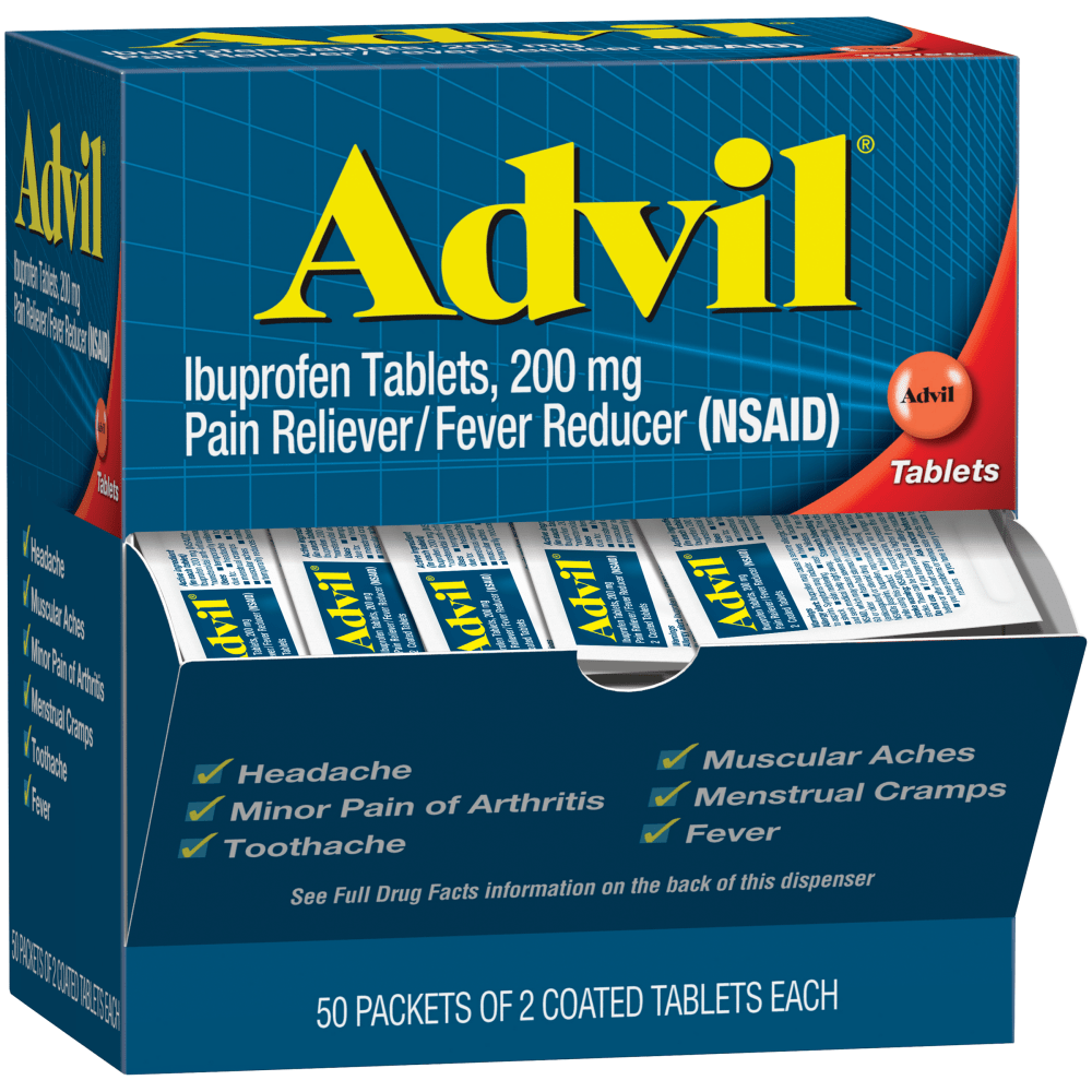 Advil Ibuprofen Packets, 2 Tablets Per Packet, Box Of 50 Packets