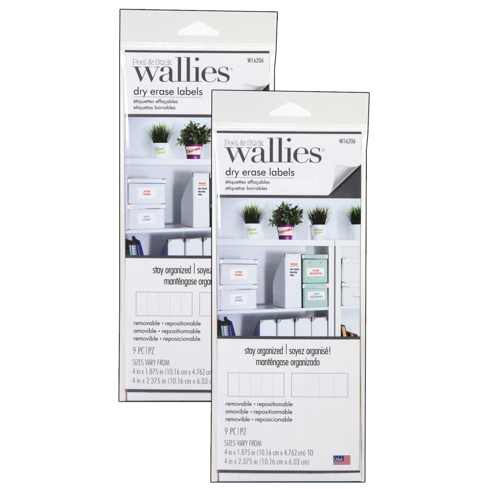 Wallies Dry-Erase Rectangle Labels, White, 9 Labels Per Set, Pack Of 2 Sets