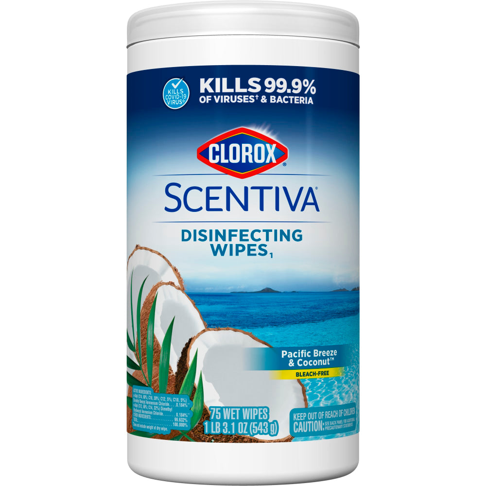 Clorox Scentiva Bleach-Free Cleaning Wipes, Pacific Breeze & Coconut Scent, 7in x 7-1/4in, Canister Of 75 Wipes