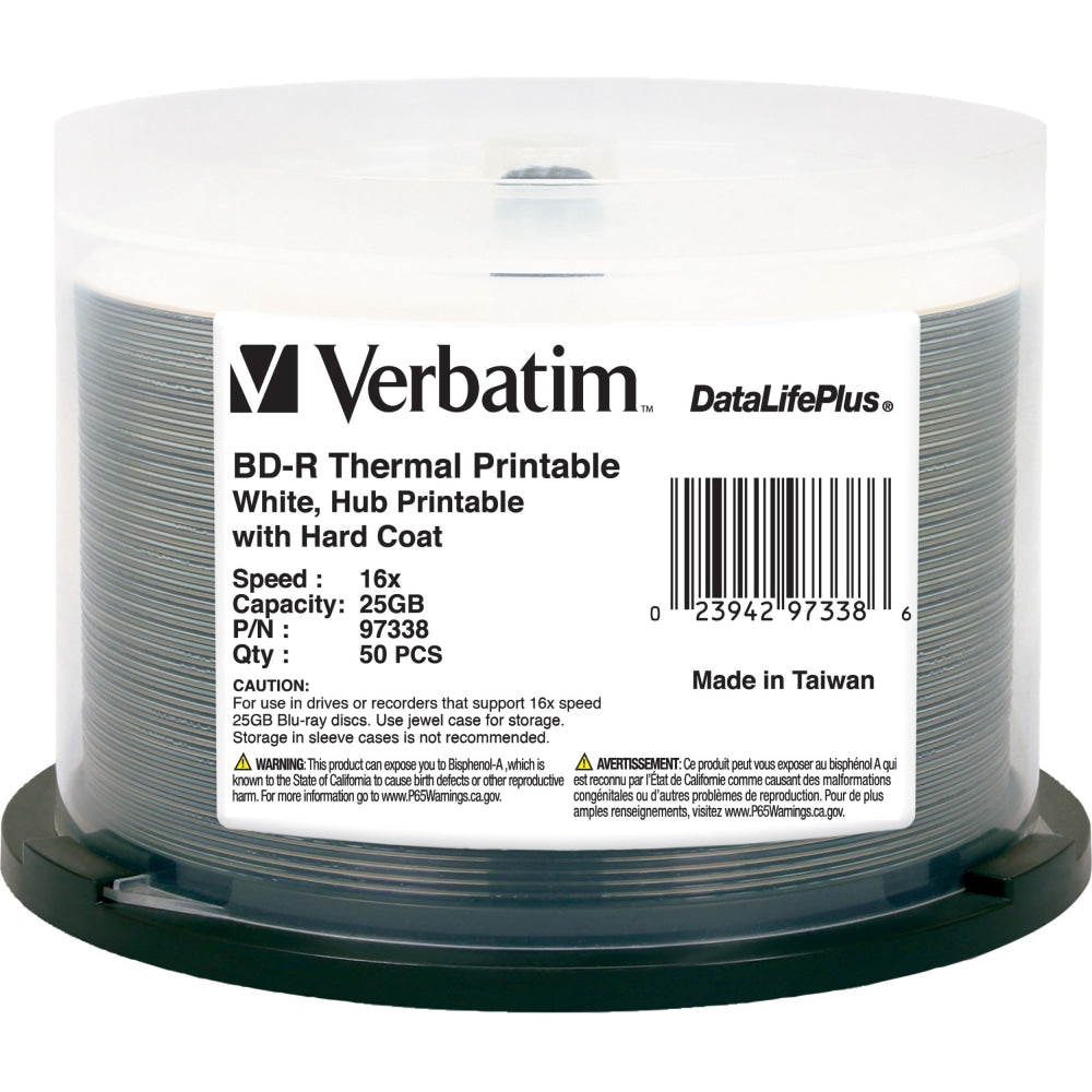 Verbatim BD-R 25GB 16X DataLifePlus White Thermal Printable, Hub Printable - 50pk Spindle - 50pk Spindle