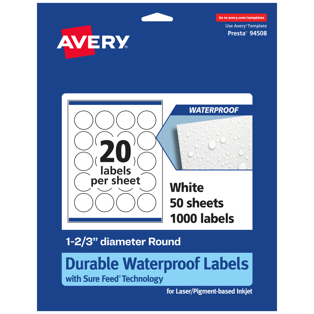 Avery Waterproof Permanent Labels With Sure Feed, 94508-WMF50, Round, 1-2/3in Diameter, White, Pack Of 1,000