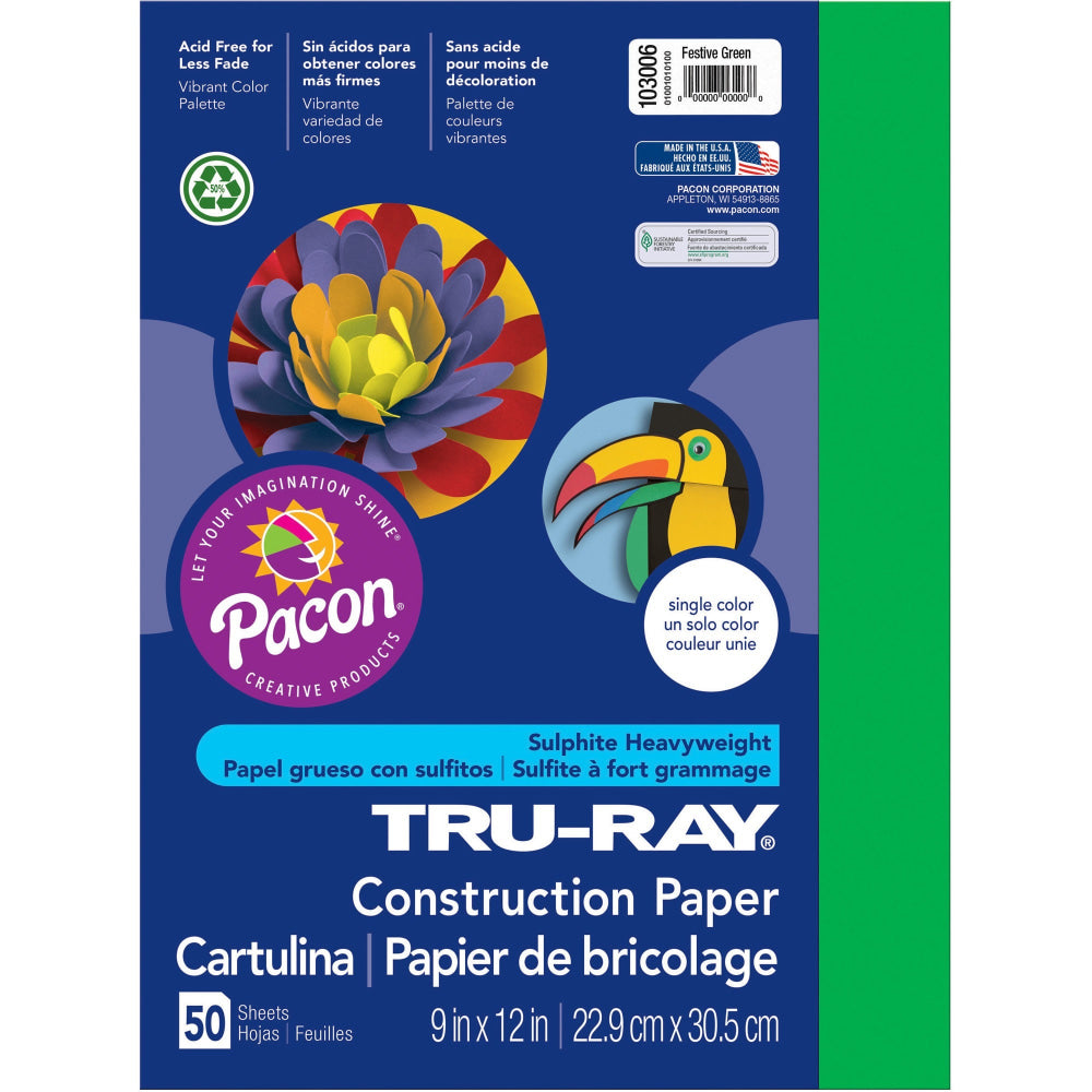 Tru-Ray Construction Paper, 50% Recycled, 9in x 12in, Festive Green, Pack Of 50